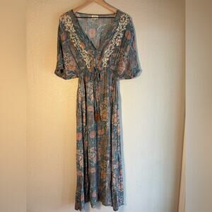Cost Plus World Market Teal and Blush Floral Boho Maxi Dress